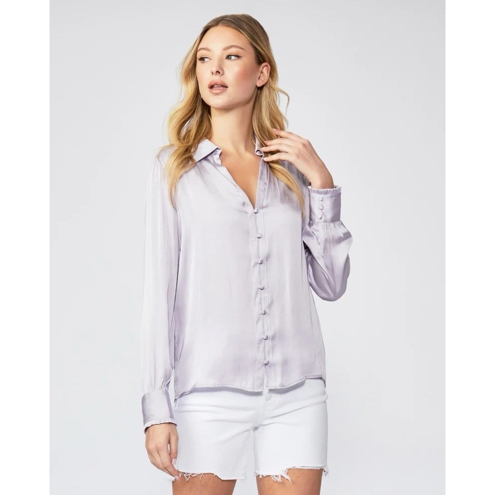 PAIGE Augustine Satin Button Down Blouse Lilac Lavender Purple Sz S Minimalist